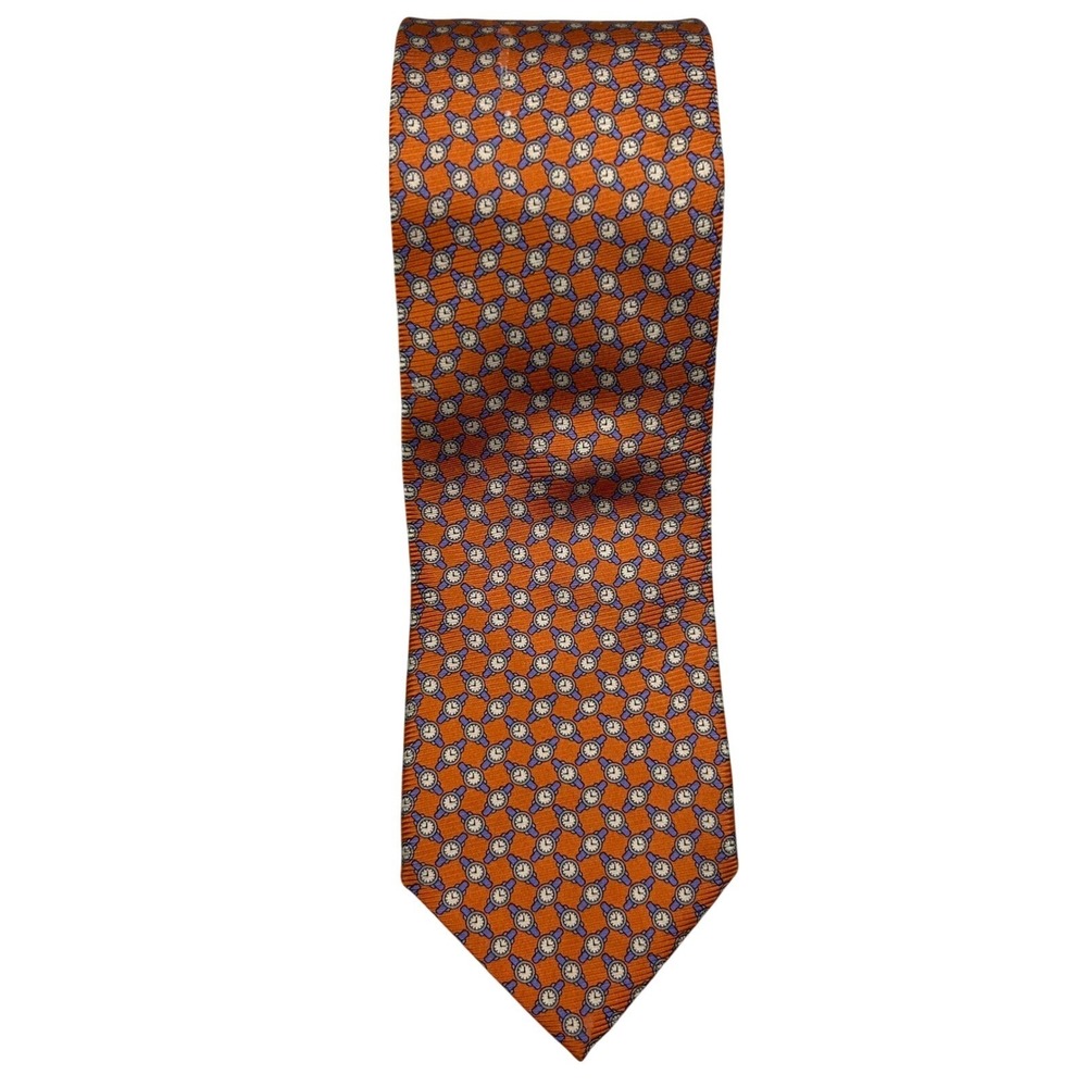 Ermenegildo Zegna Mens Silk Tie Orange Wristwatch Print Vintage Italy 3.75 Crest